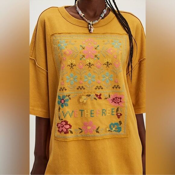 Free People We the Free Cross-Stitch Tee Marigold Combo NWOT - Picture 1 of 8